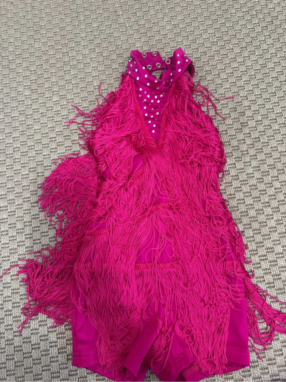Weissman Hot Pink Fringe Dance Costume with Rhinestone Collar